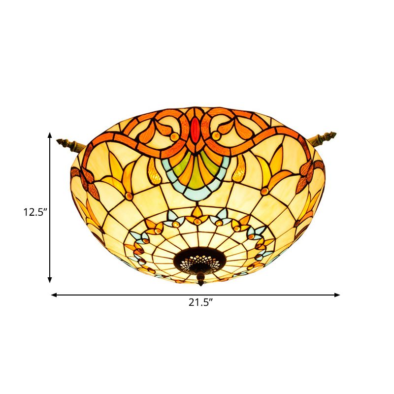 Baroque Dome Semi Flush Mount Lighting 5 Bulbs Handcrafted Stained Glass Close to Ceiling Lamp in White/Blue, 21.5"/25.5" W