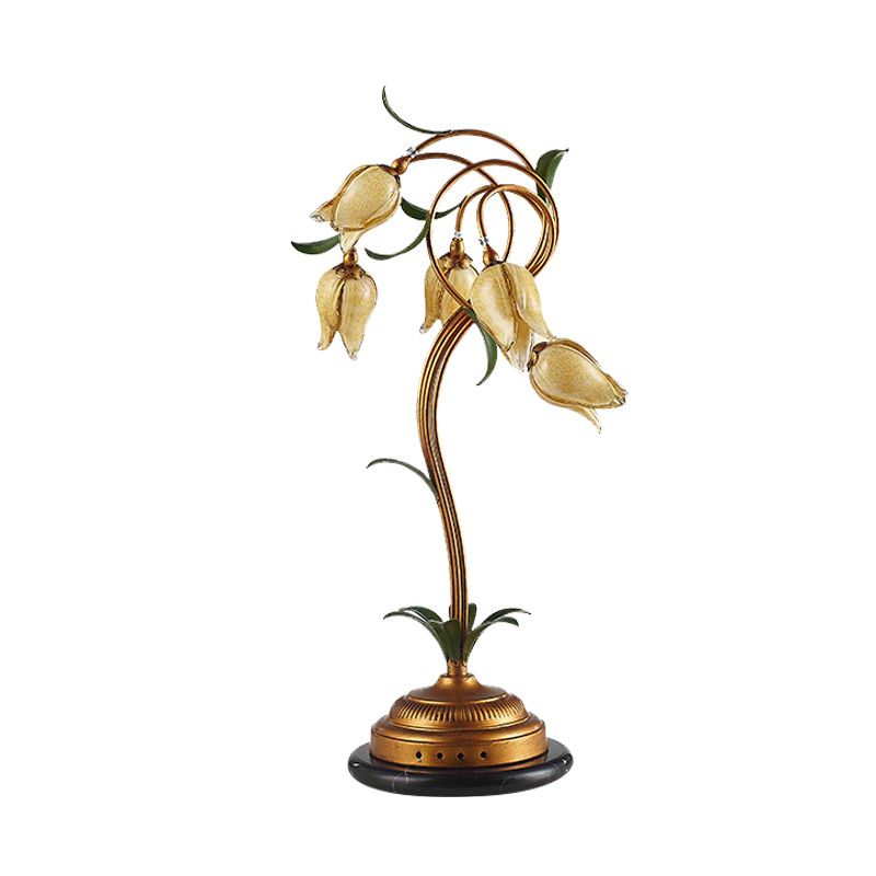 5 Lights Night Table Light Traditional Tulip-Shaped Beige Glass Nightstand Lamp in Brass