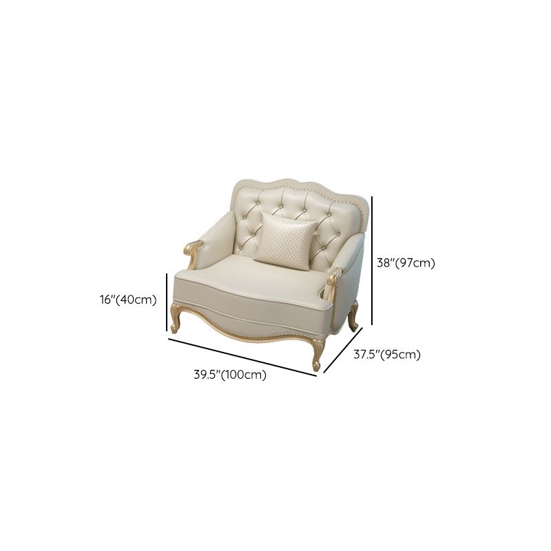 Beige Mid-Century Modern Sofa Tufted Genuine Leather Recessed Arm Sofa