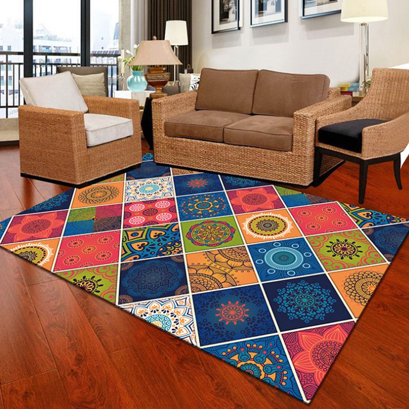 Mediterranean Moroccan Rug Multicolor Floral Square Circle Pattern Rug Polyester Non-Slip Area Rug for Home Decoration