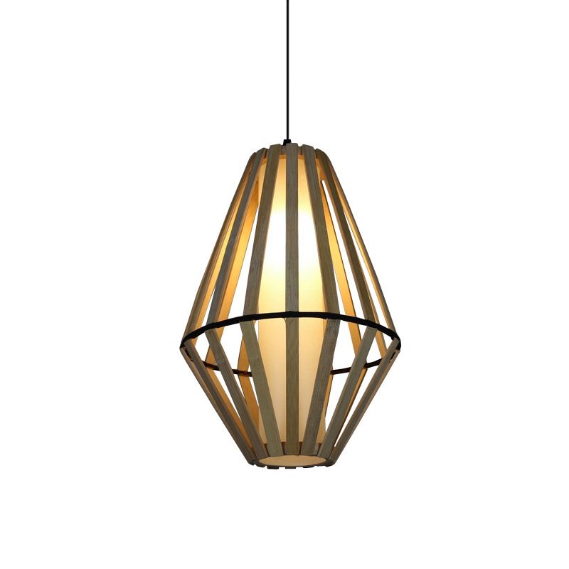 Lámpara colgante de cono asia madera 1 cabeza de techo marrón luz colgante con tubo interior sombra de pergamino blanco