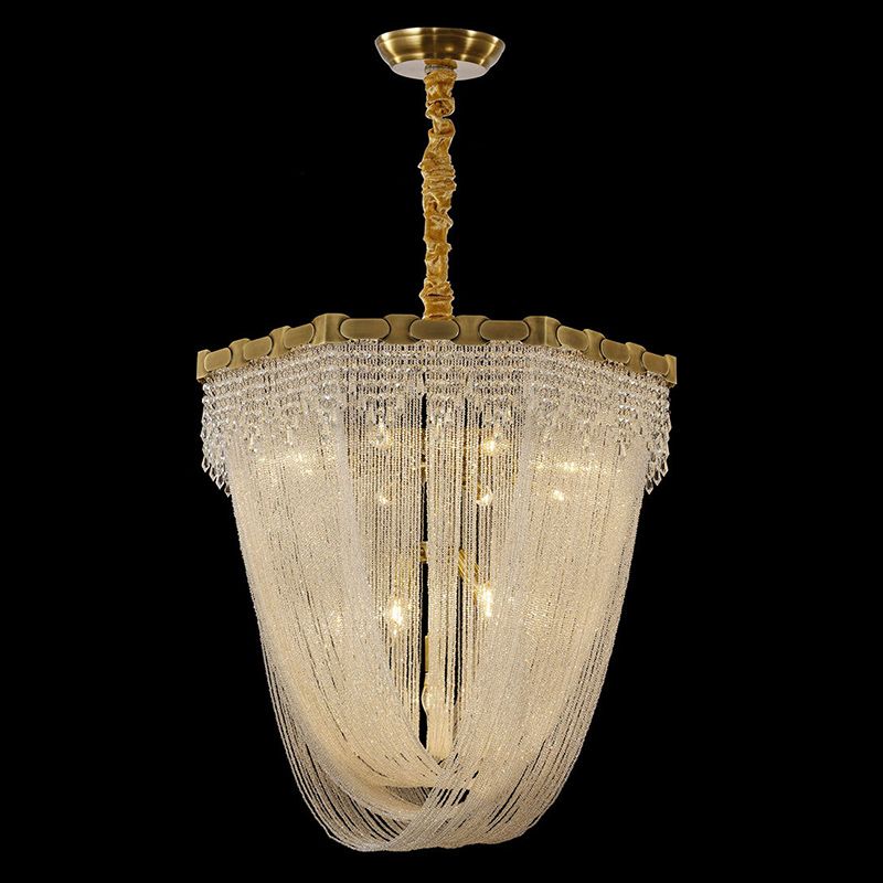 Tassel Chain Chandelier Lighting Metal Triple Light Crystal Shade Foyer Pendant Lamp