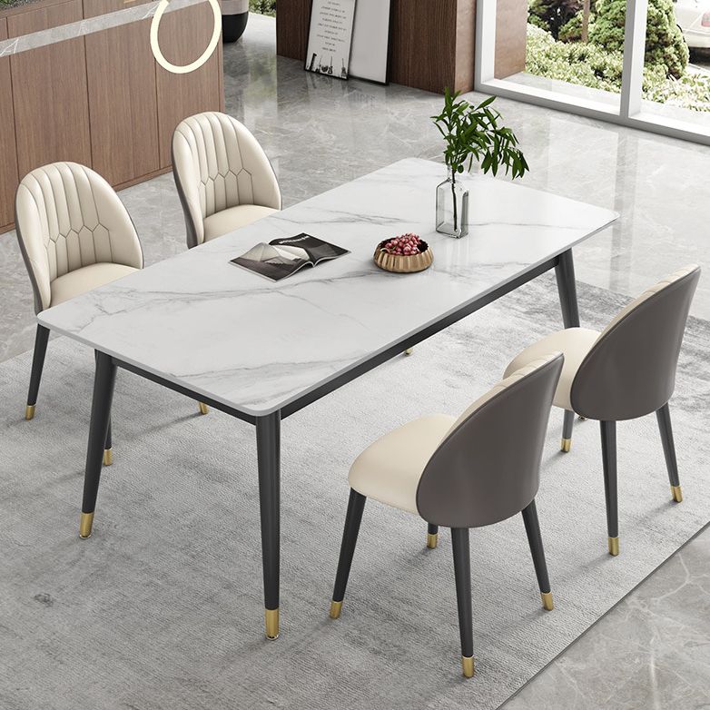 Contemporary Style Sintered Stone Dining Set with White Table and 4 Black Legs Base