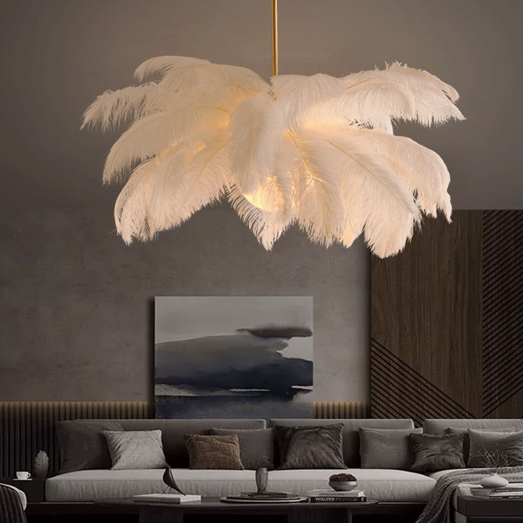 Ostrich Feather Ceiling Chandelier Modern Nordic Creative White Hanging Ceiling Light for Bedroom