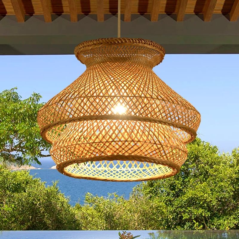 Retro 1 Bulb Suspension Lighting Wood 2-Tier Hanging Ceiling Light with Bamboo Shade