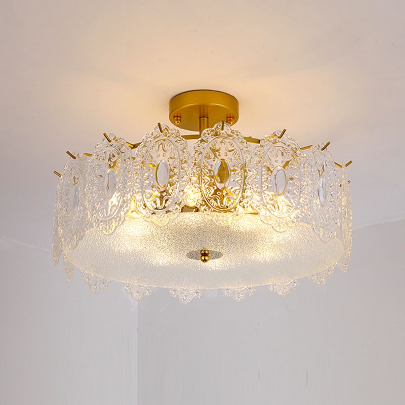 Glass Drum Shape Ceiling Flush Mount Light Modern Style Gold Ceiling Mount Light Fixture