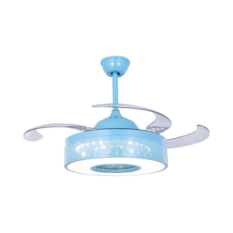 4 Blades Metallic Ring Semi Flush Lighting Modern 36" W LED Pendant Fan Lamp Fixture in Pink/Blue with Hollowed Out Design, Wall/Remote Control