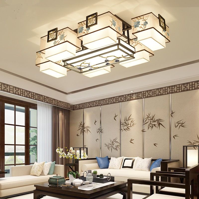 4/5/6 Head Light Fixtures Asia Style Fabric Flush Light for Living Room Dinning Room