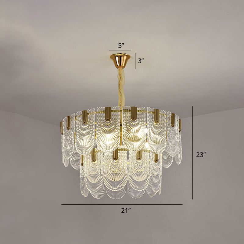Round Pendant Ceiling Lamp Modern Clear Textured Glass Chandelier with Scalloped Edge