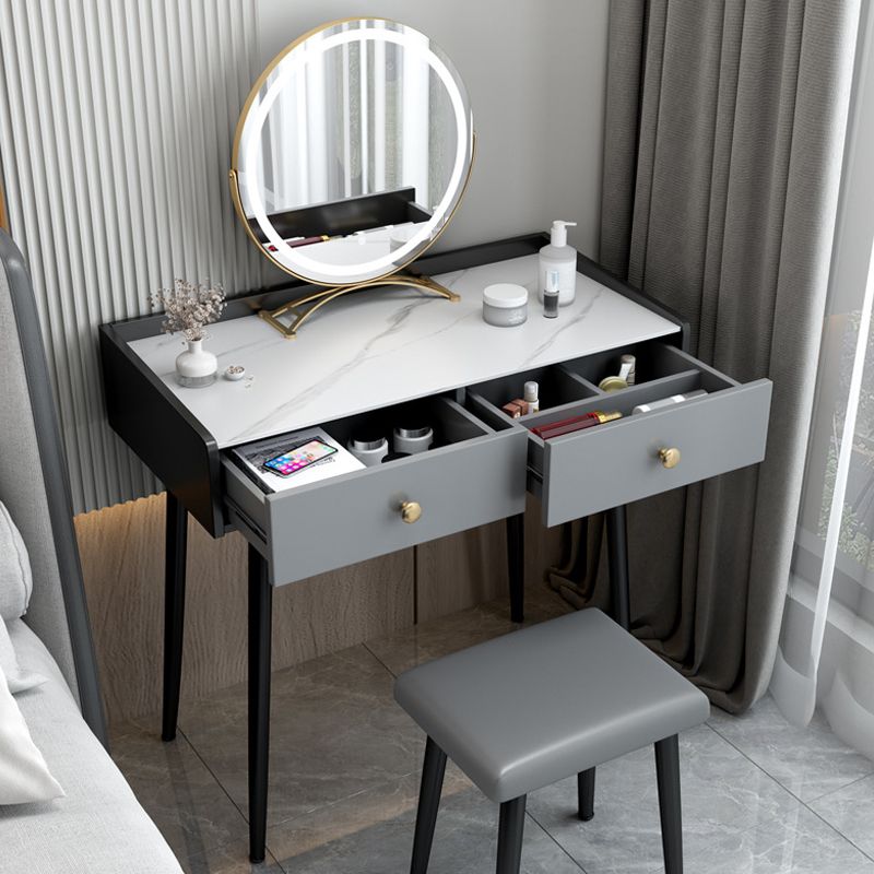 Contemporary Stone Vanity, Storage Drawer With Stool, Black/White