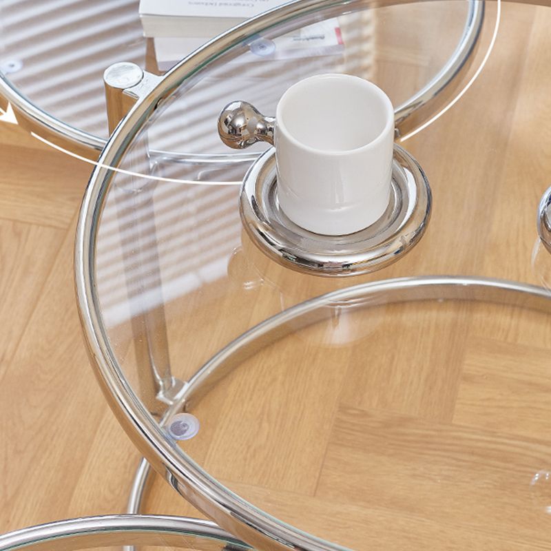 Extendable Coffee Table Glass with Round Top and Stainless Steel Base