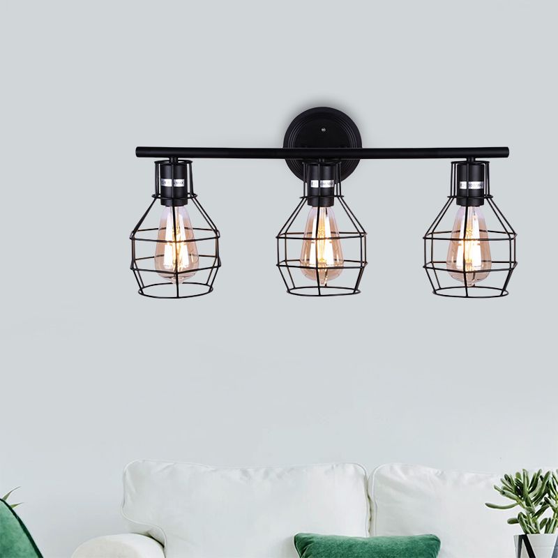 Industrial Torpedo Cage Wall Lamp 3 Lights Metallic Wall Lighting Fixture in Black