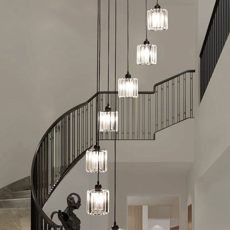 Lacquered Iron Black Hanging Lamp in Modern Luxury Style Crystal Cylindroid Pendant Light for Stairs