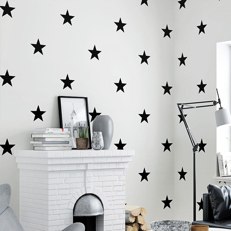 Non-Woven Wallpaper with Simple Stars, Black and White, 20.5" by 33'