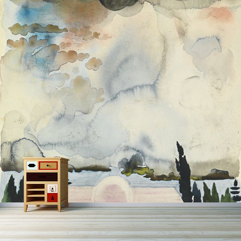 Surreal Church Landscape Painting Mural in Green Moisture Resistant Wall Decor, Custom Size
