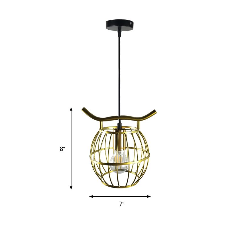 1 Light Metal Hanging Light Vintage Gold Orb Cage Stairway Pendant Light Fixture