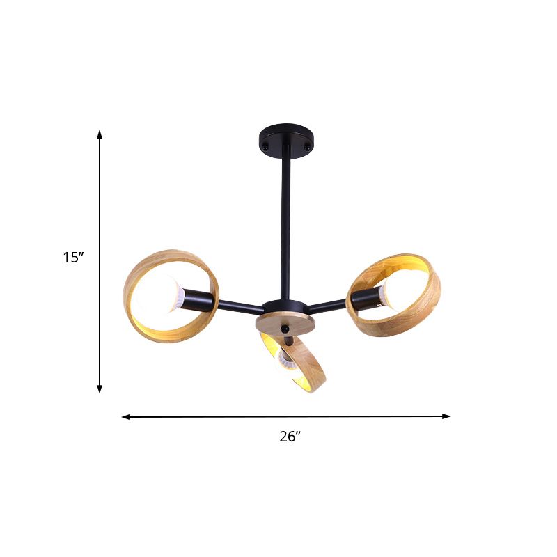 3/6/8 Heads Round Chandelier Light Contemporary Wood Hanging Ceiling Light in Black/White for Living Room