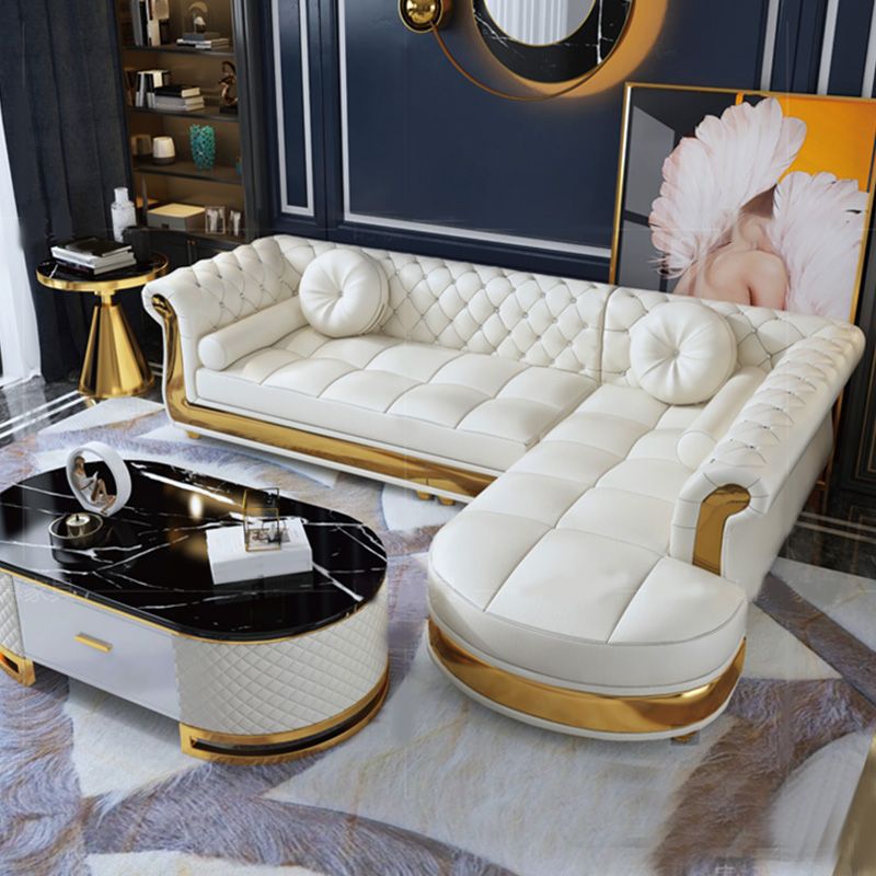 Mid Century Modern White Sofa Genuine Leather Living Room Seating