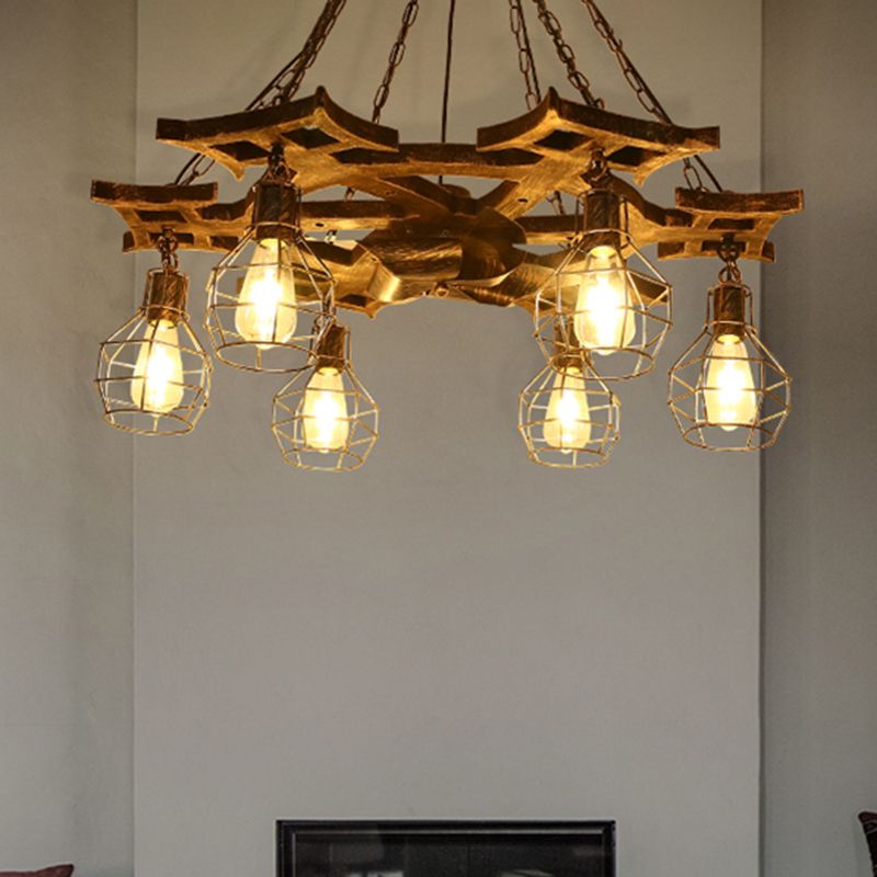 6 Bulbs Globe Chandelier Light Vintage Bronze Metal Hanging Ceiling Fixture with Cage