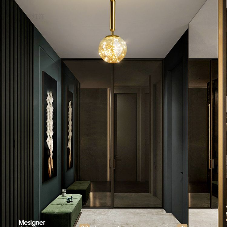 Amber Glass Ball Pendulum Light Nordic 1 Head LED Hanging Pendant with Starry String