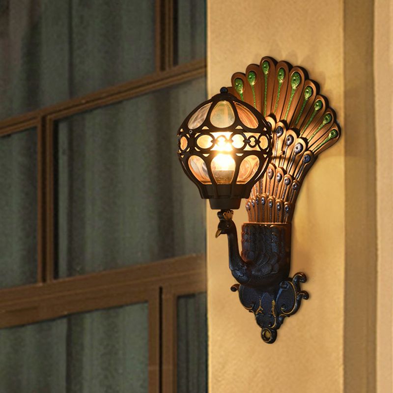 Clear Glass Sphere Wall Light Classic 1 Head Courtyard Wall Lighting Fixture with Peacock Backplate in Black