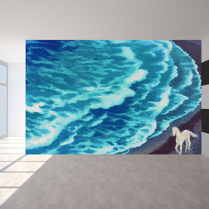 Great Ocean Landscape Mural Decal Contemporary Lush Floristic Wall Decor in Blue