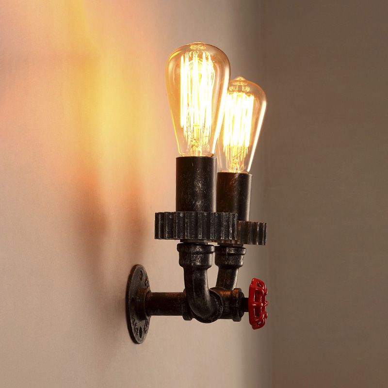 2 luces Luz de matriz de pared Vintage Iluminación de pared de hierro desnudo industrial con válvula de grifo rojo en óxido oscuro