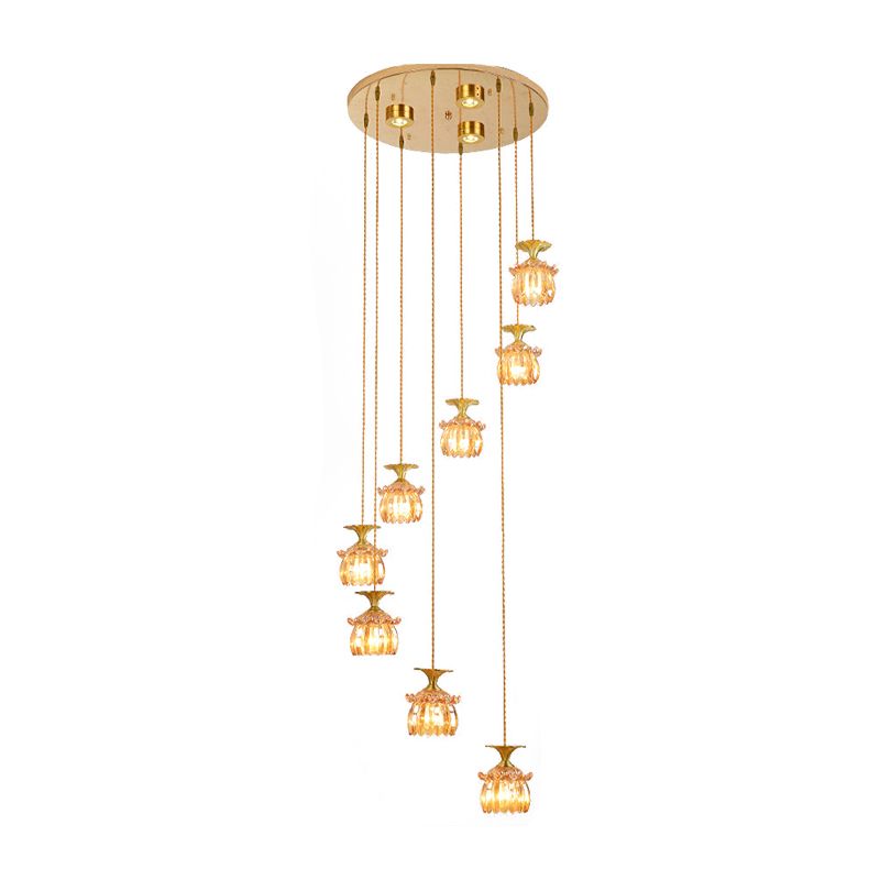 Modernist Globe/Cylinder Pendant Lamp 8-Head Tan Prismatic Glass Multi Light Chandelier in Brass