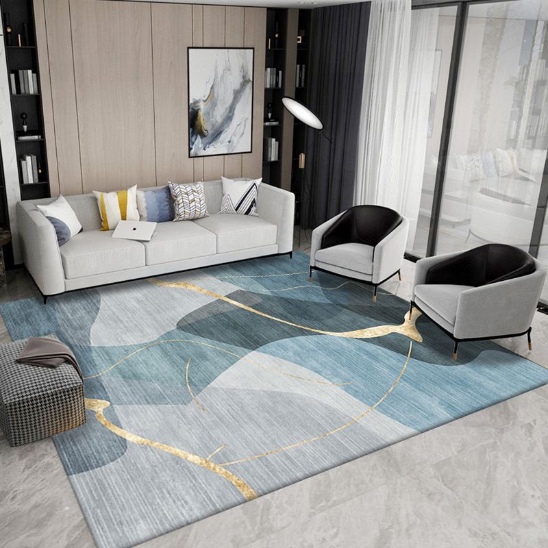 Blue Tone Nordic Indoor Rug Polyester Abstract Print Carpet Non-Slip Backing Rug for Living Room