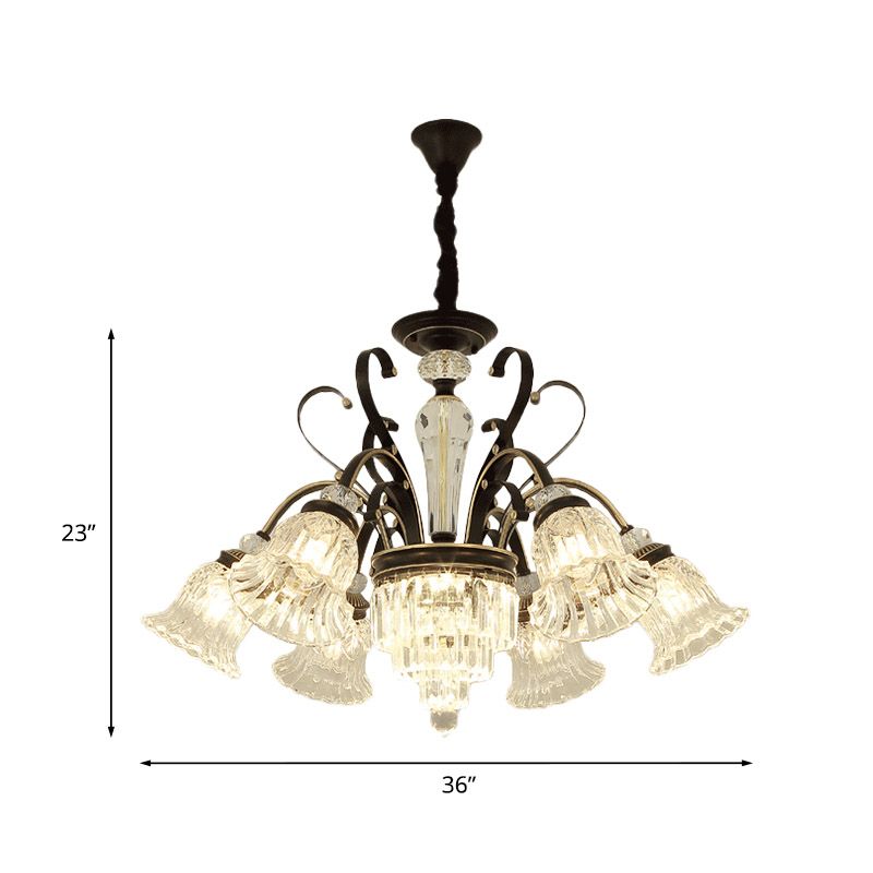 6/8 Heads Clear Glass Chandelier Countryside Black Bell Living Room Ceiling Suspension Lamp