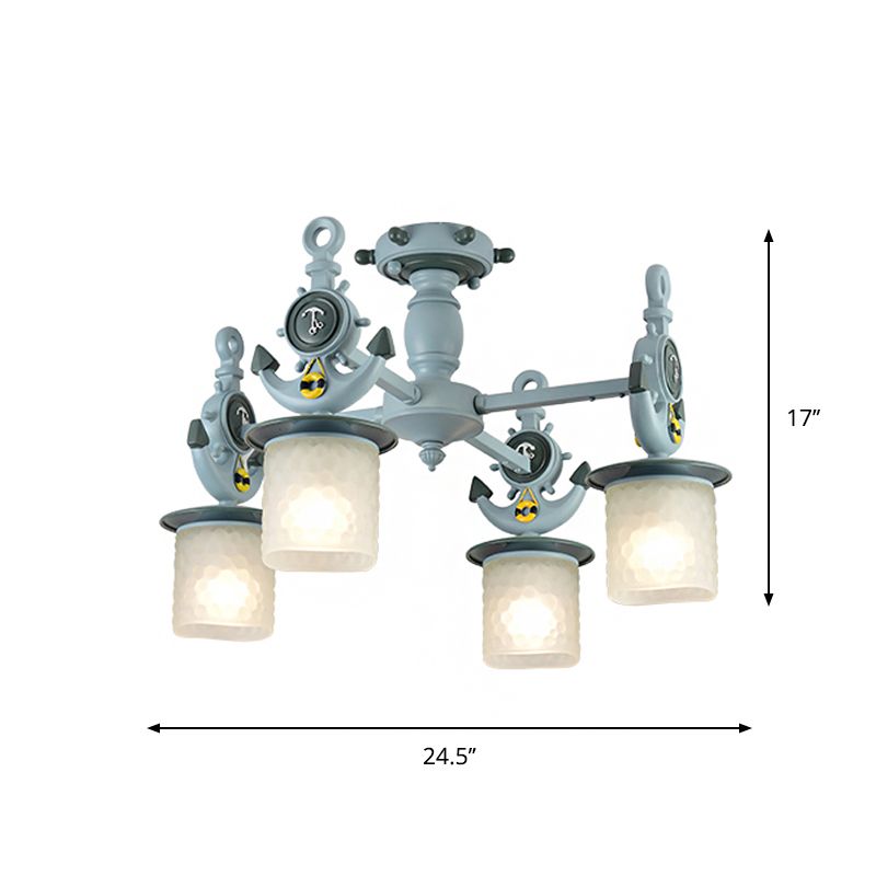 Cylinder Ceiling Light Fixture Modernist Frosted Dimpled Glass 4 Bulbs Nursery Semi Flush with Anchor Design in Blue