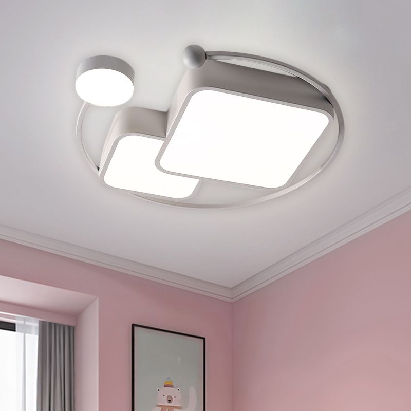 Cubic and Ring Metal Flushmount Simplicity LED White Ceiling Mounted Fixture in Warm/White/3 Color Light