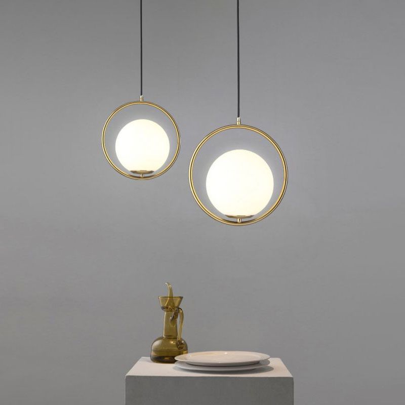 Globe Bedside Pendulum Light Cream Glass 1-Head Postmodern Ceiling Pendant with Ring in Gold