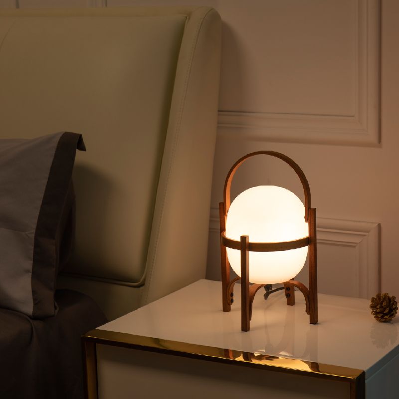 Modern Wooden Table Light 1-Light Bedroom Nightstand Lamp with Globe Glass Shade