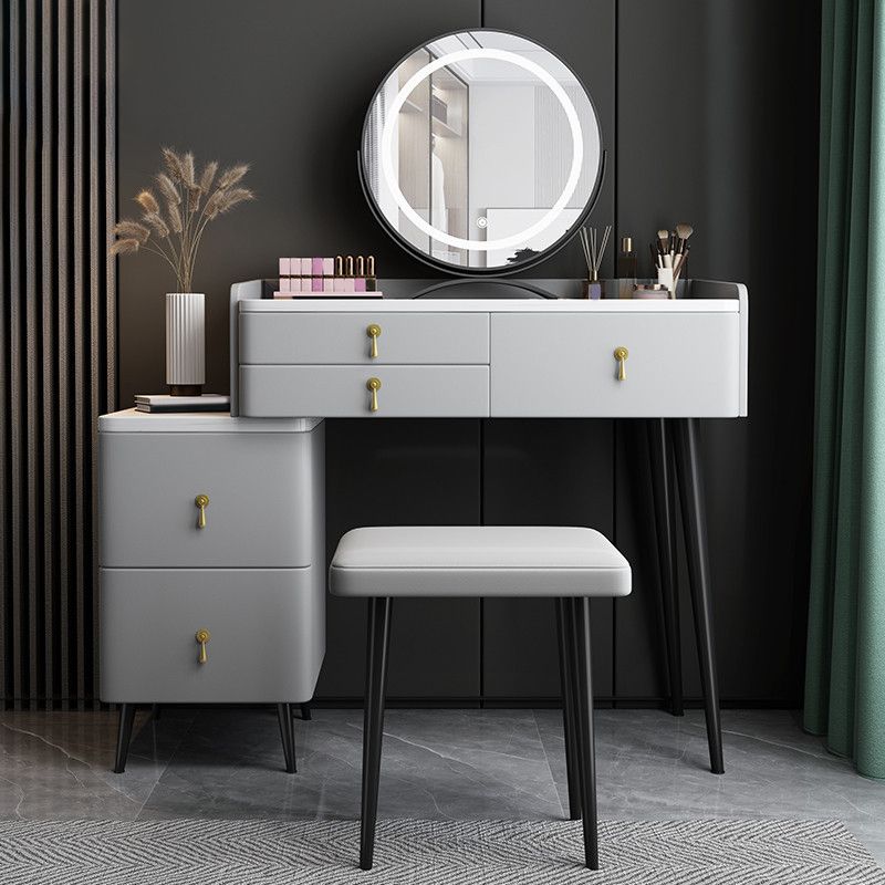 Modern Stone Top Vanity Makeup Dressing Table Stool Set Grey Stool