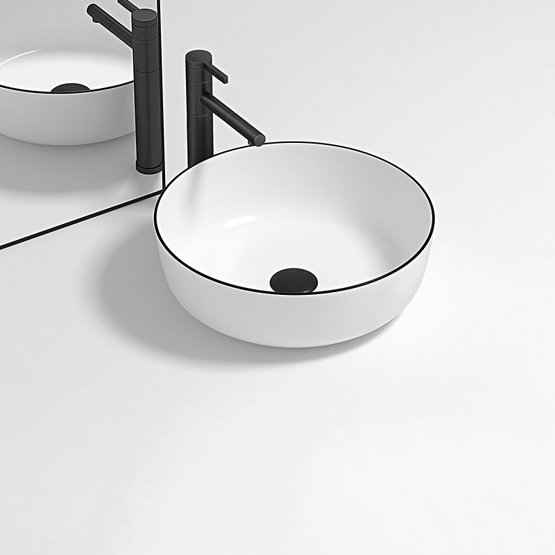 Modern Bathroom Sink Pop-Up Drain Porcelain Round Vessel Lavatory Sink