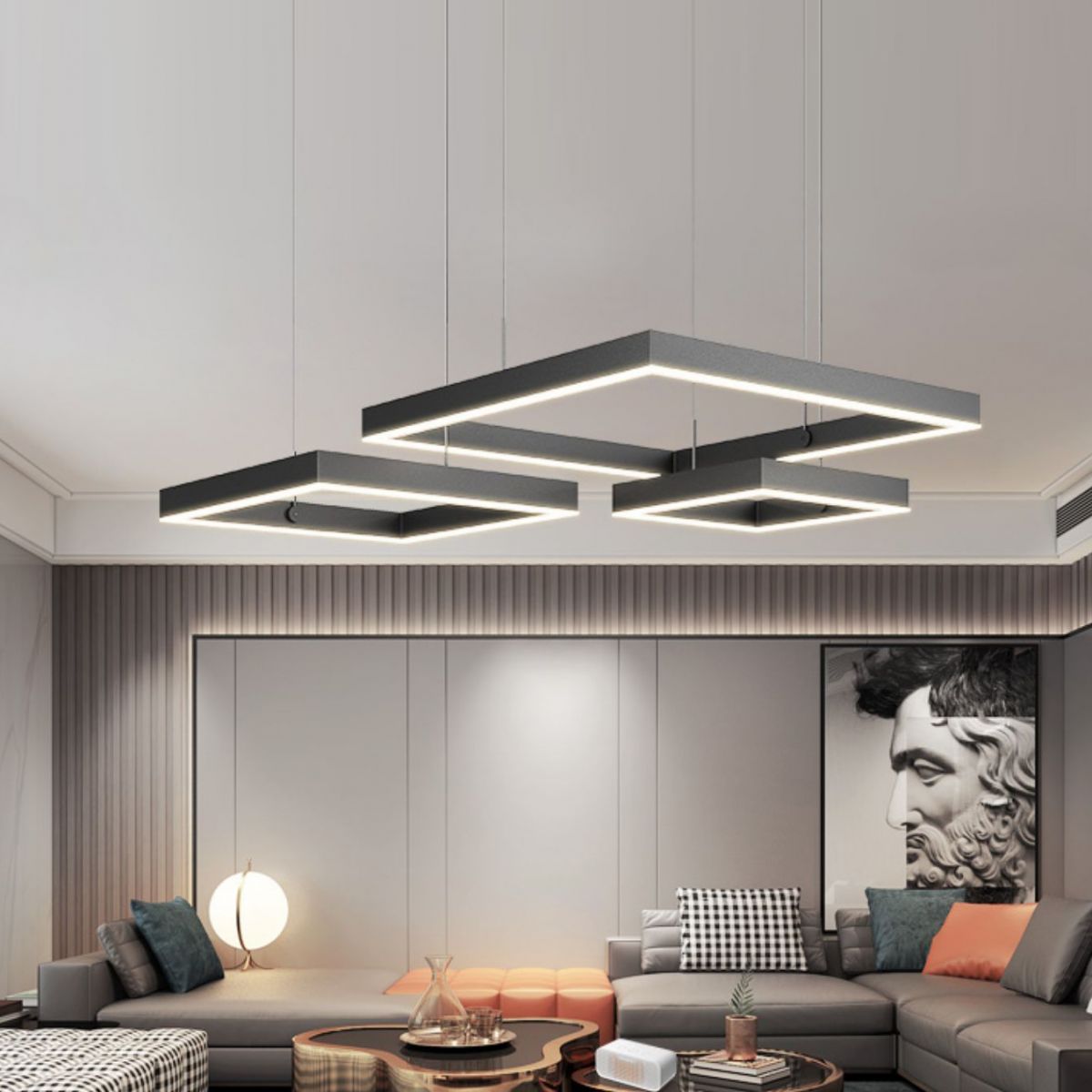 Contemporary 3-Tier LED Hanging Ceiling Lights Black Aluminum Pendant Chandelier for Living Room