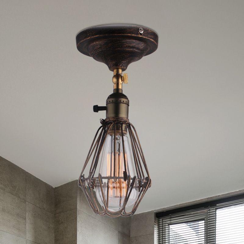 Plafonnier semi-encastré en cage en fer forgé, style ferme, élégant, 1 lumière, luminaire de plafond pour chambre à coucher, rouille/argent vieilli