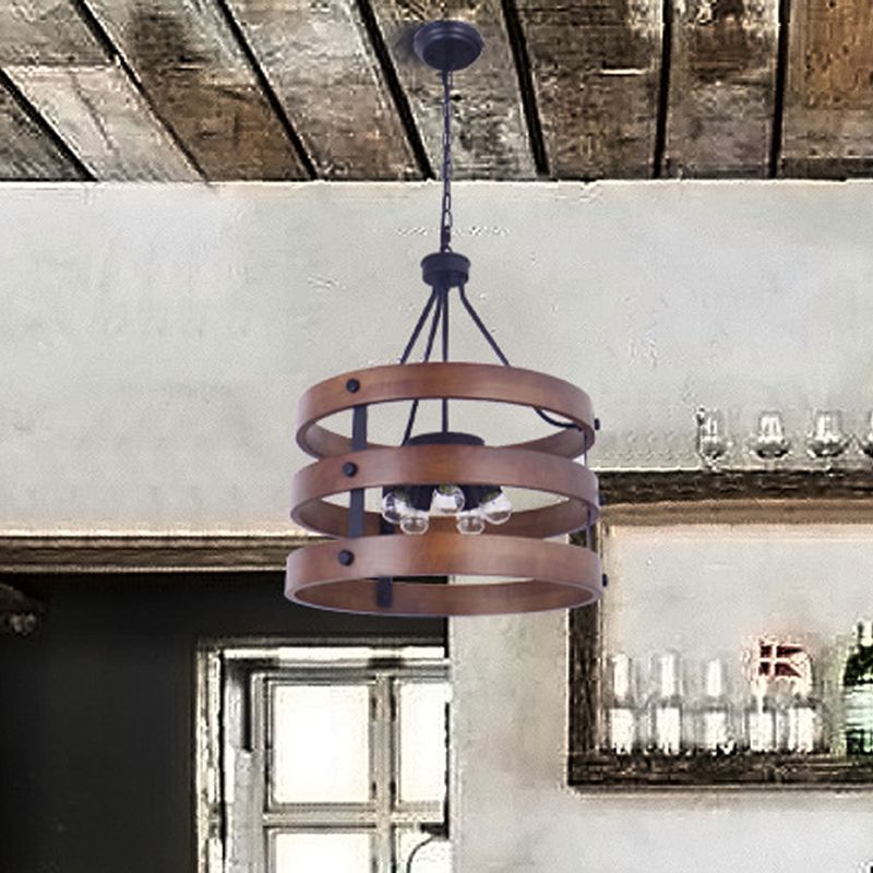 Brown 5 Heads Chandelier Lighting Rustic Wooden Round Suspension Lamp for Dining Room