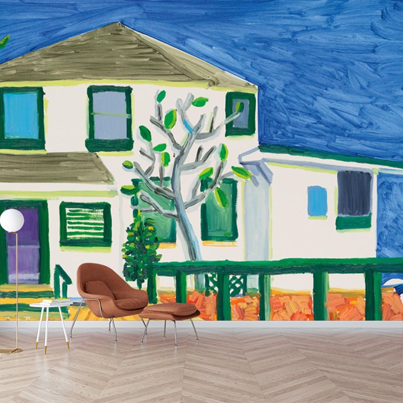Large Storey House Wallpaper Murals Blue-White Non-Woven Wall Art, Moisture Resistant, Custom Size