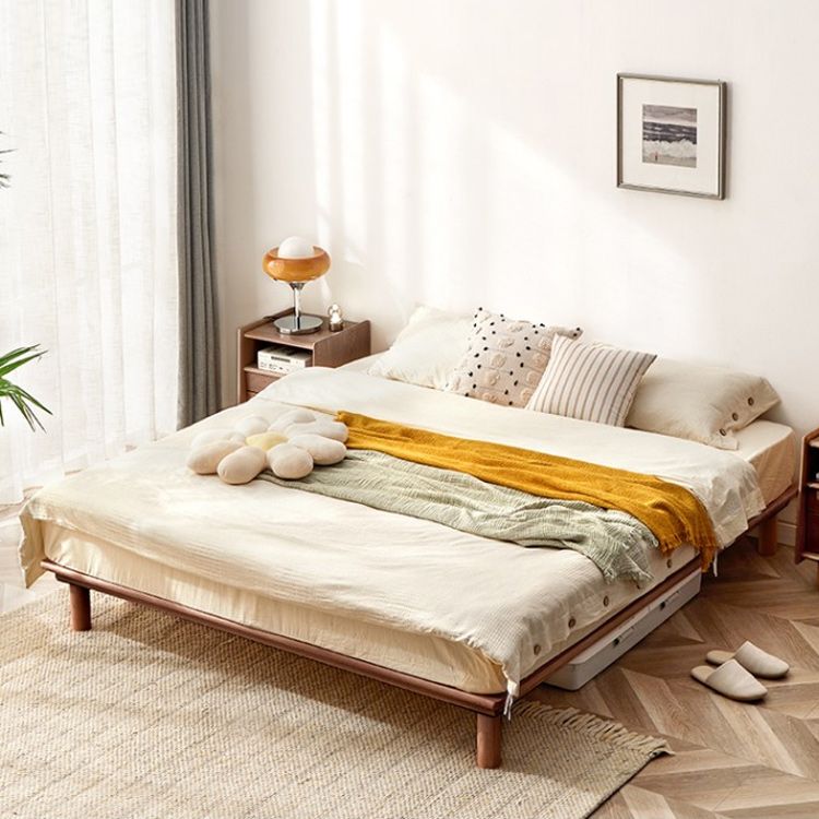 Solid Wood Platform Bed Scandinavian Low Profile Bed Frame in Brown
