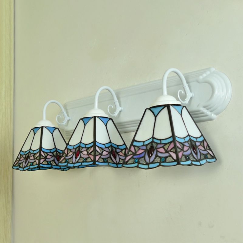 Baroque Cone Wall Mount Light 3 Heads White Glass Sconce Light Fixture with Linear Backplate