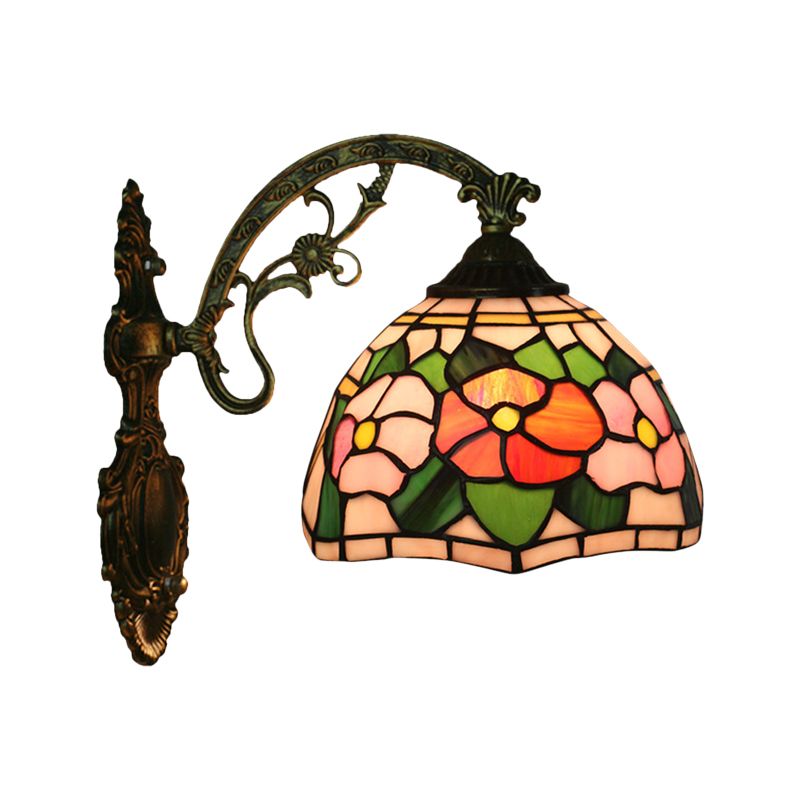 Red/Pink Flower Bowl Sconce Light Tiffany 1 Head Stained Glass Wall Mounted Lighting Fixture