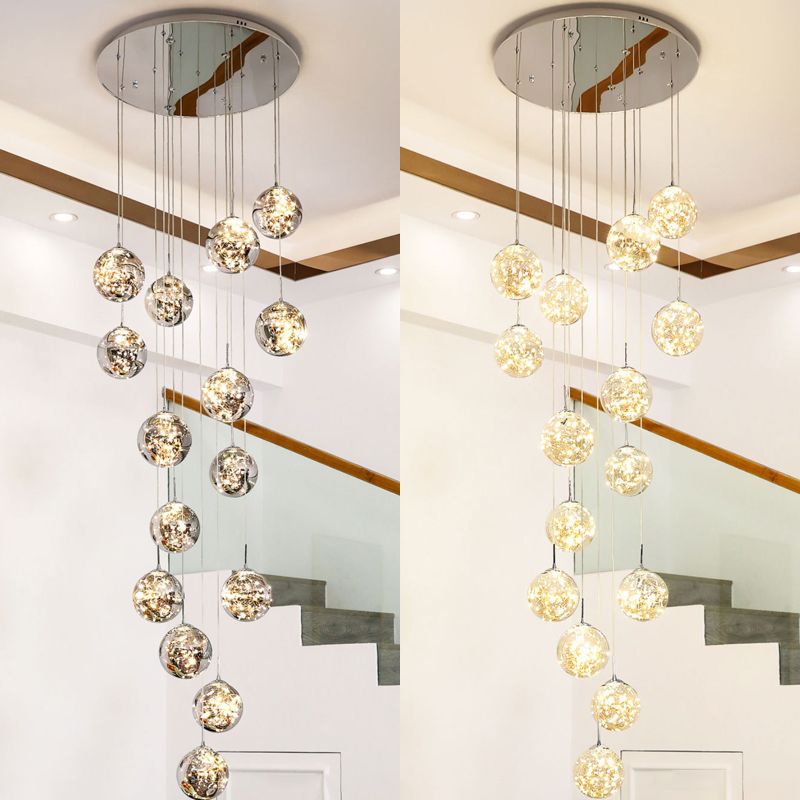 Moderno lampada sospesa sferica a pendente a pendente a 15 luci a 15 luci con tonalità di vetro per le scale