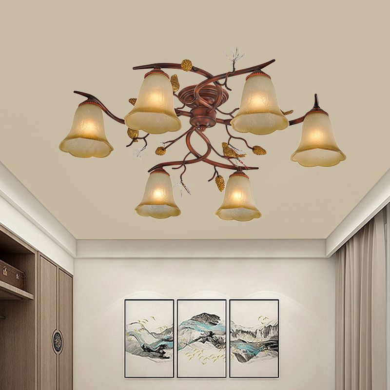 Salle à manger cloche semi-lustre à lustre rural verre ambre verre 6-tête plafonnier brun rouge avec pinone décoratif