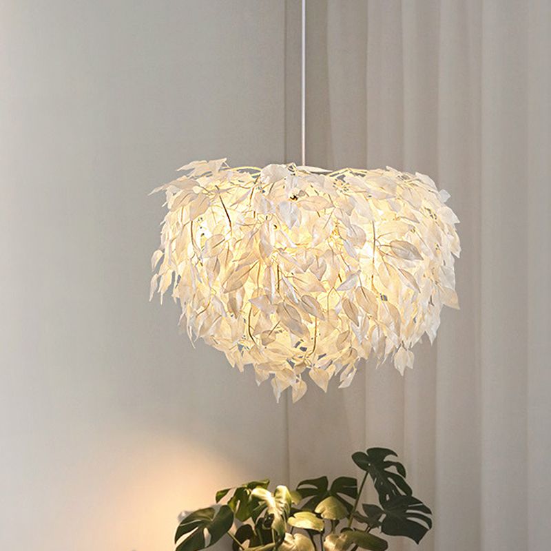 White Leaf Pendant Lamp Modern Fabric 1 Light Bedroom Hanging Light Fixture, 19.5"/23.5"/27.5" Wide