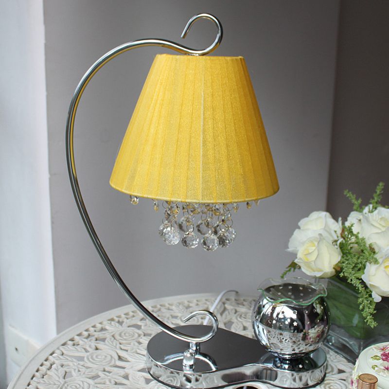 1 Light Table Lamp Country Bedroom Crystal Ball Night Light with Fabric Conic Shade in Yellow