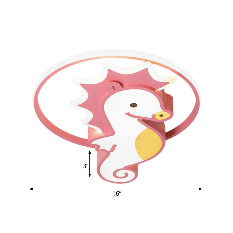 Modernist Sea Horse Flush Mount Ceiling Lamp Acrylic Kindergarten Pink LED Lighting Fixture with Ring in Warm/White Light