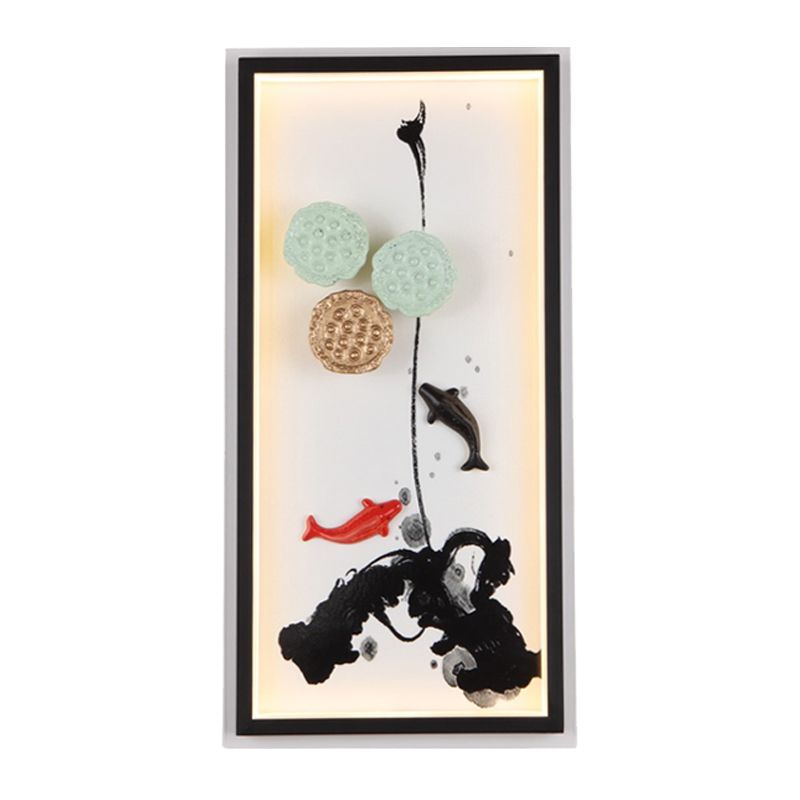 Chinese Ink Painting Mural Light Fabric Sitting Room LED Wall Lighting Fixture in Black