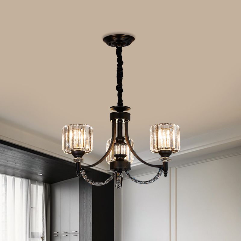 3/6 bollen Suspensie Licht Traditionele cilindrische schaduw Duidelijk kristal plafond kroonluchter met zwarte arm
